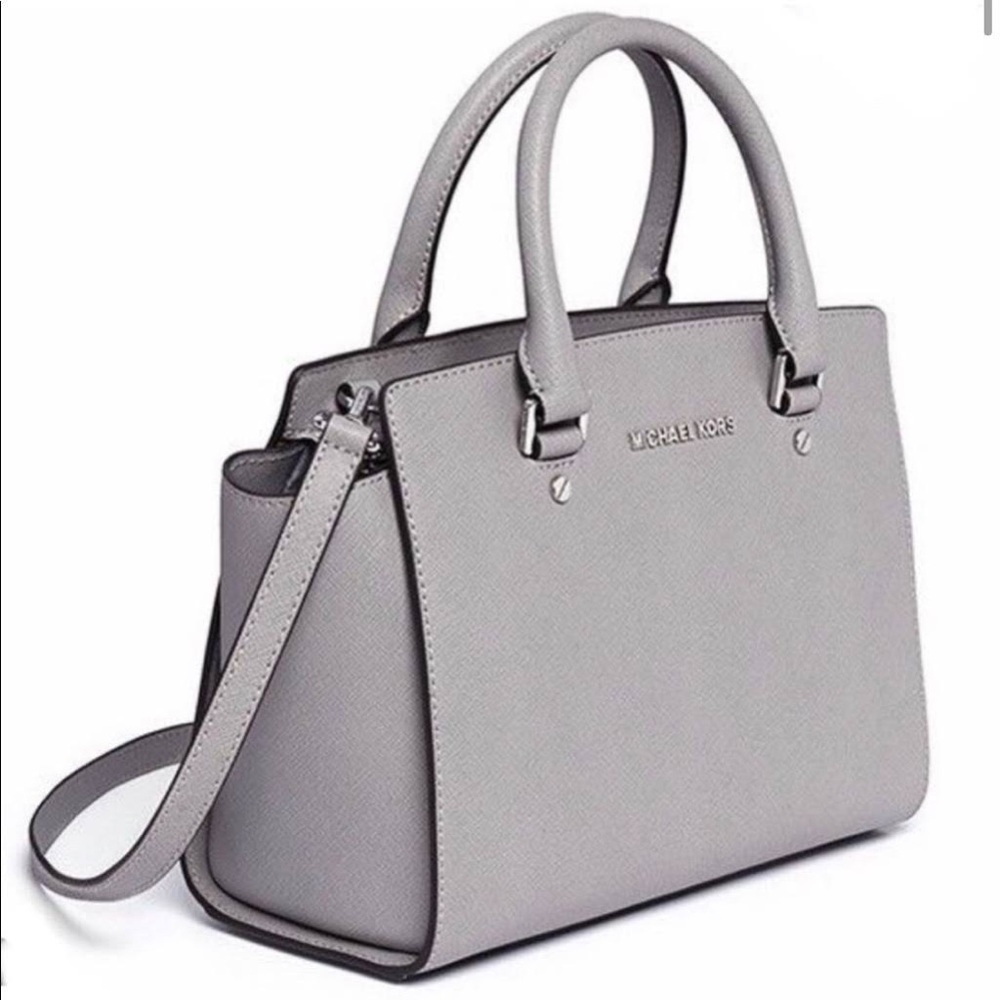 Michael Kors Selma Medium Top Zip Satchel Bag, Pearl Grey with Silver hardware